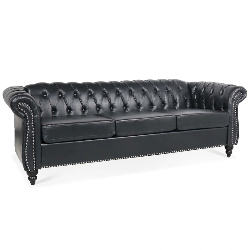 84 Mid-Century Modern 3-Seater Chesterfield Sofa, PU Leather, Birch Legs, 660 lbs