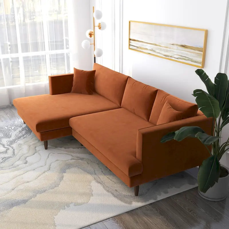 Mid-Century Modern L-Shaped Pillow Back Velvet Sectional Sofa