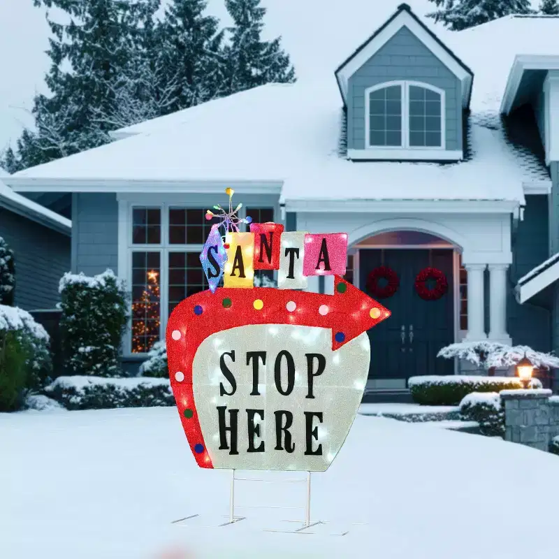 National Tree Company 50" LED Pre-Lit 'Santa Stop Here' Vintage Vegas Christmas Novelty Sculpture Light