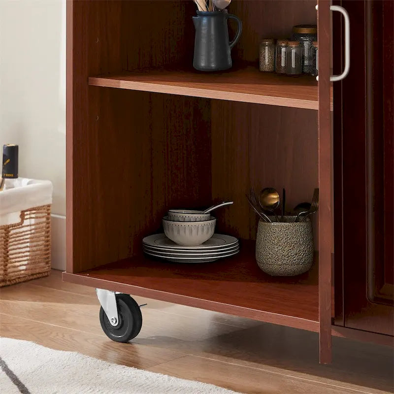 Brown Rolling Kitchen Island Cart with 2 Drawers Open Shelves and Casters