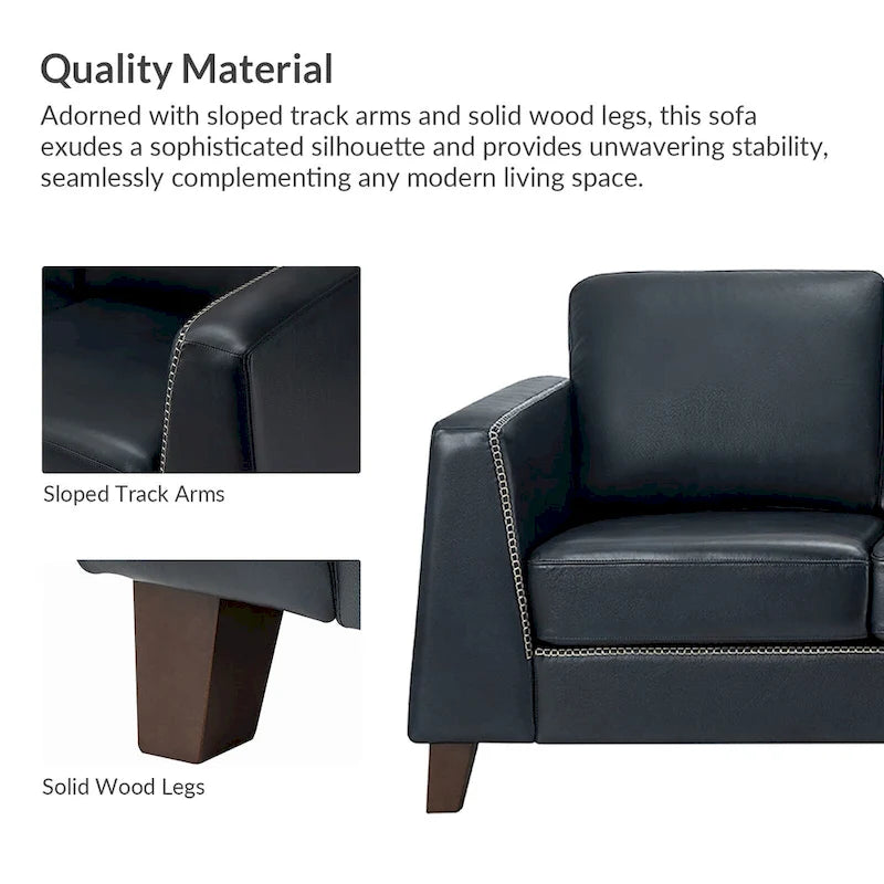 81.5 Inch Genuine Leather Tuxedo Arm Sofa with Solid Wood Legs