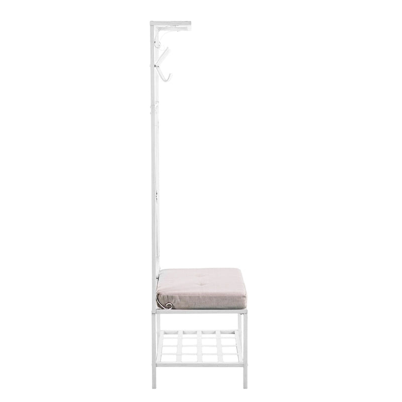 Hall Tree Coat Rack with Cushioned Seat, 12 Hooks, 2 Shelves, Distressed White Iron