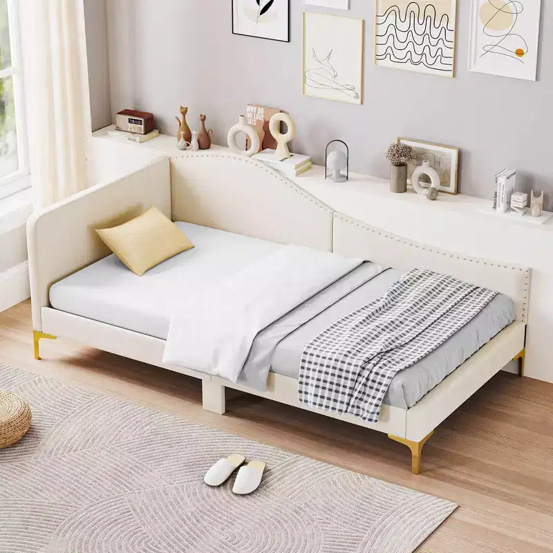 Costway Twin/Full Size Upholstered Daybed Rivet-Tufted Platform Bed with Metal Legs