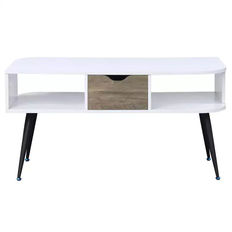 White and Black Modern Coffee Table with 1 Drawer, Two Open Compartments Powder Coated Metal Legs Living Room Table