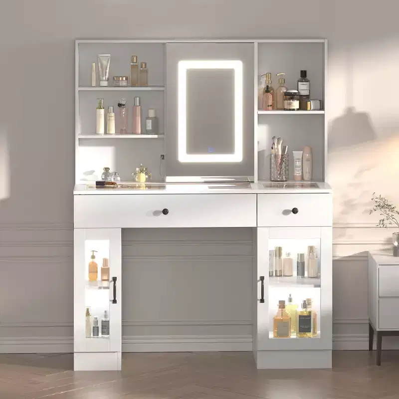 Sliding Mirror Vanity Desk, 7 Drawers, 6 Storage Shelves, Modern Makeup Vanity Table, Easy Assembly, for Home, Living Room