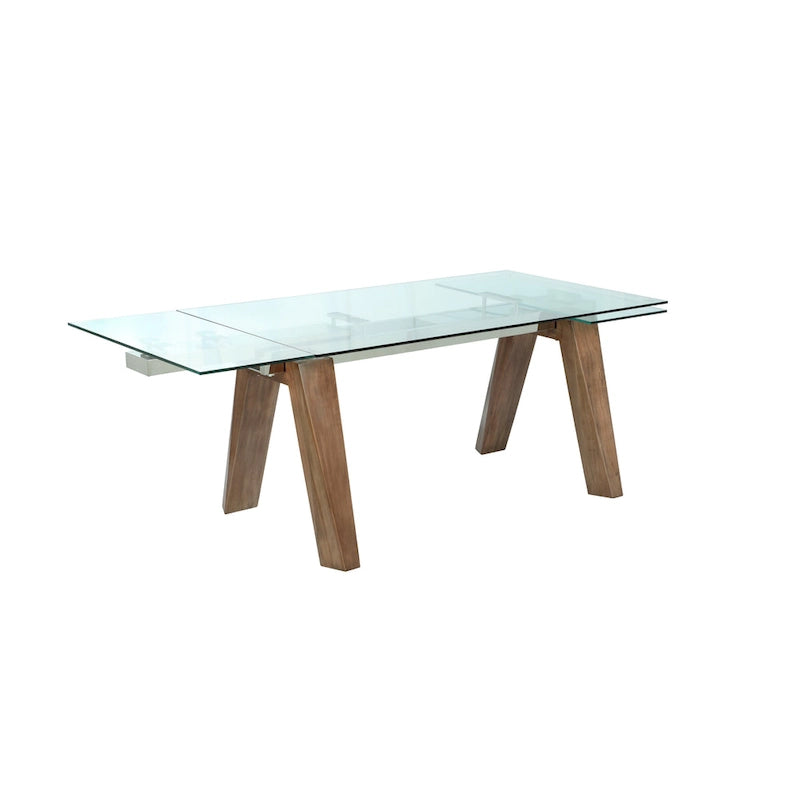 Extendable Glass-Top Dining Table with Solid Wood Legs
