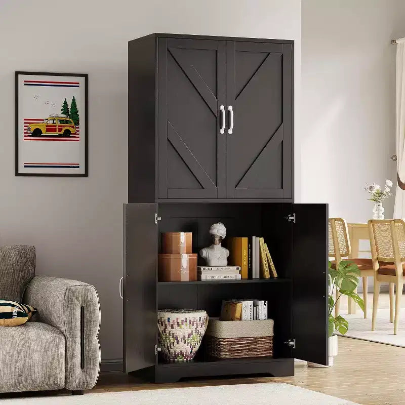 69 Farmhouse Kitchen Pantry Storage Cabinet with 4 Doors & 2 Adjustable Shelves, Freestanding Cupboard for Dining Room, Living Room, Black or White