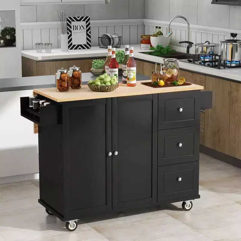Rolling Kitchen Island with Solid Wood Top, Drop Leaf Bar, Locking Wheels, Storage Cabinet, Spice Rack, Towel Rack and Drawer, 52.7 Inch
