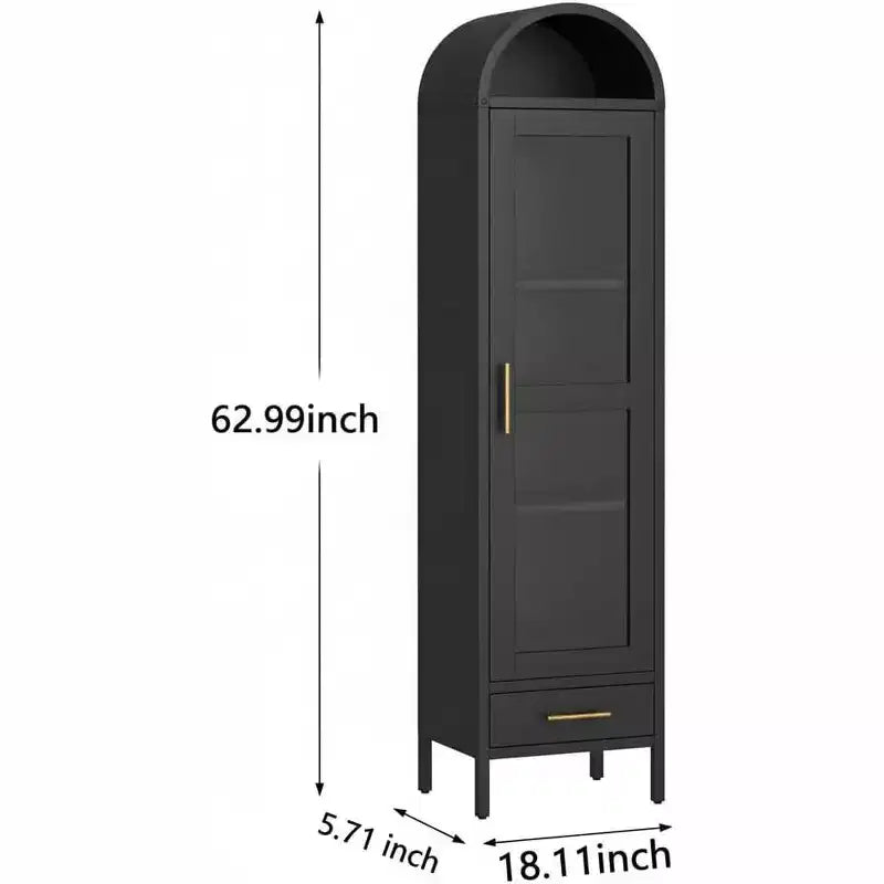 63 in Tall Narrow Arched Bookcase, Metal Arched Storage Cabinet with Glass Door & Drawer, Modern Black Pantry Cabinet for Living Room, Kitchen, Office