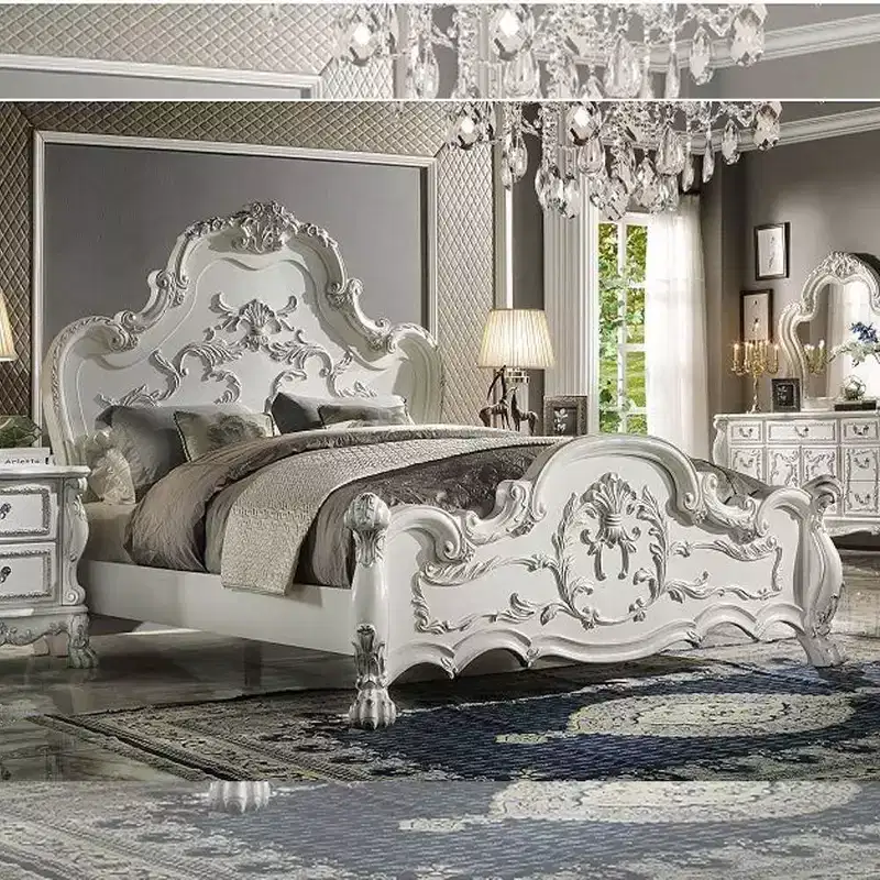 92" Eastern King Bed Dresden with Rococo Style Carvings & Faux Leather - Acme Furniture