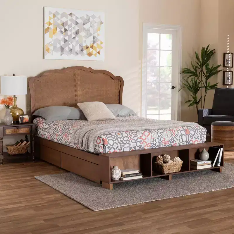 King Size Wood and Rattan Storage Bed, Walnut Brown