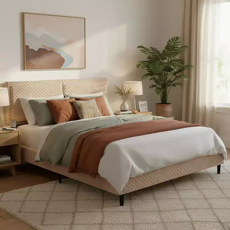 Camel Plush Upholstered Bed Frame with Soft Dual-Zone Backrest, Rounded Edges and Quiet Stable Support for Cozy Bedrooms, King
