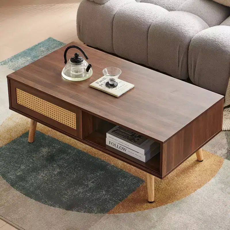 Rattan Coffee Table Sliding Door for Storage Solid Wood Legs Modern Table for Living Room Walnut Color