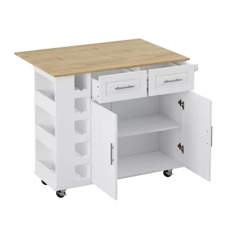 White Kitchen Island Cart with 2-Door Cabinet & 2 Drawers-Rolling Storage Cart with Foldable Rubberwood Table Top,Spice Rack&Wine Rack for Kitchen