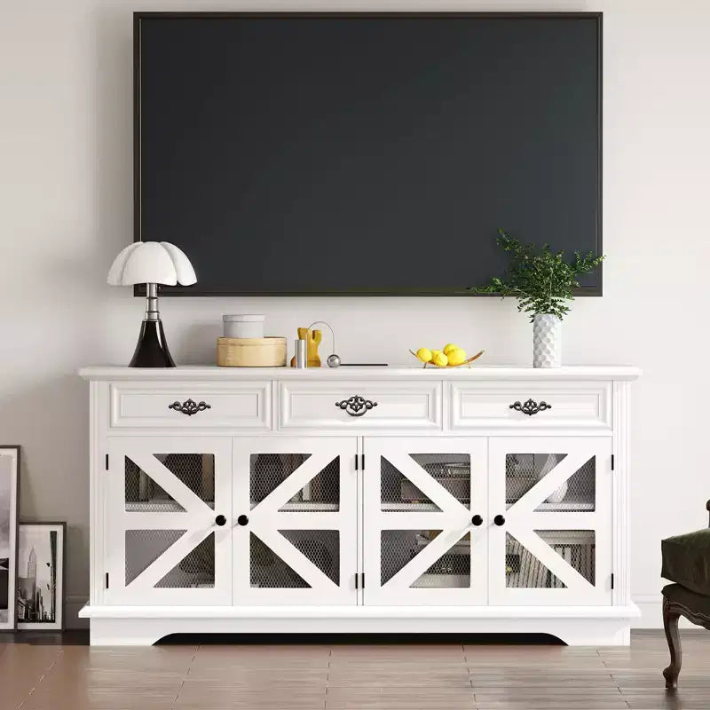 70 Sideboard Buffet Cabinet, Wooden Coffee Bar Cabinet with 3 Drawers & 4 Mesh Barn Doors, Entryway Console Table, Floor Cupboard Cabinet for Kitchen