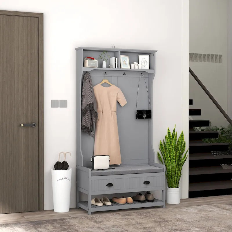 Coat Rack Bench Hall Tree Organizer with 4 Hooks, 2 Drawers and Padded Seat Cushion, Gray