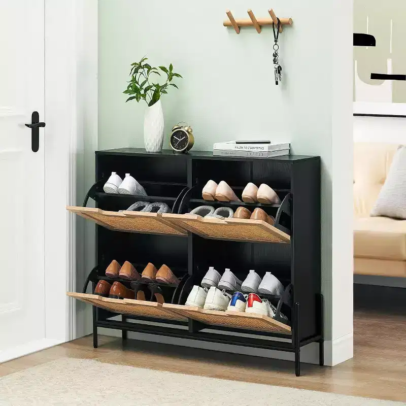 4-Door Freestanding Rattan Shoe Cabinet Organizer with Adjustable Shelves