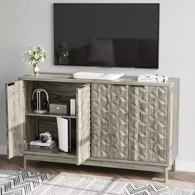 TUYOHW Gray Buffet Cabinet,Storage Sideboard with 4 Diamond Relief Doors,Adjustable Shelves,Cabinet for Living Room,Dining Room,Kitchen,Entryway