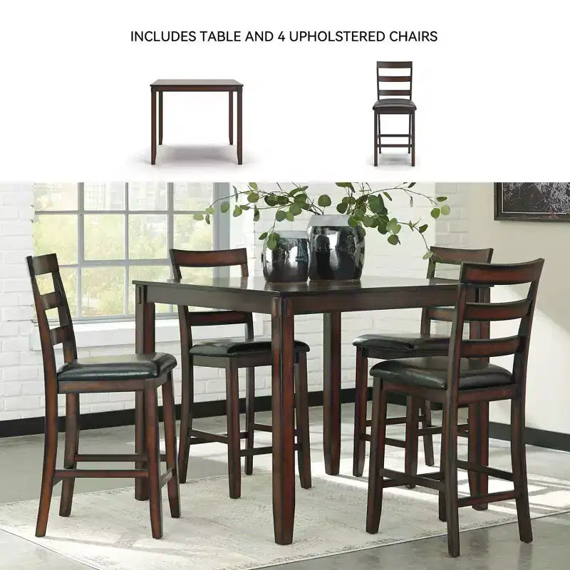 Coviar Counter Height Dining Table Set Brown - 5-Piece, Faux Leather Chairs, Wood Frame