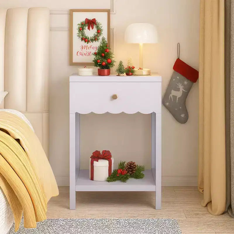 TUYOHW Scalloped Edge Nightstand with Drawer & Open Shelf,Compact Bedside Table,End Table for Bedroom,Kids' Room