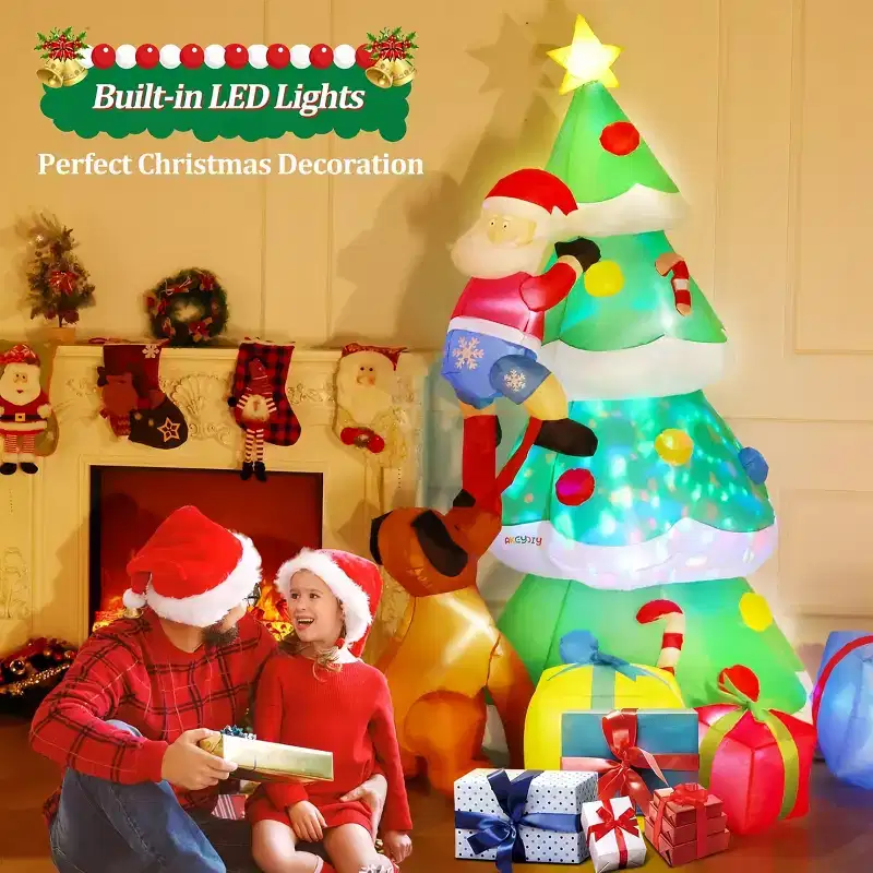 HOMDOX 5  4.6  7.7 FT Inflatable Christmas Tree Outdoor Decorations, Santa Climbing Tree Chased by Dog Built-in LED Lights with Gift Boxes Clearance