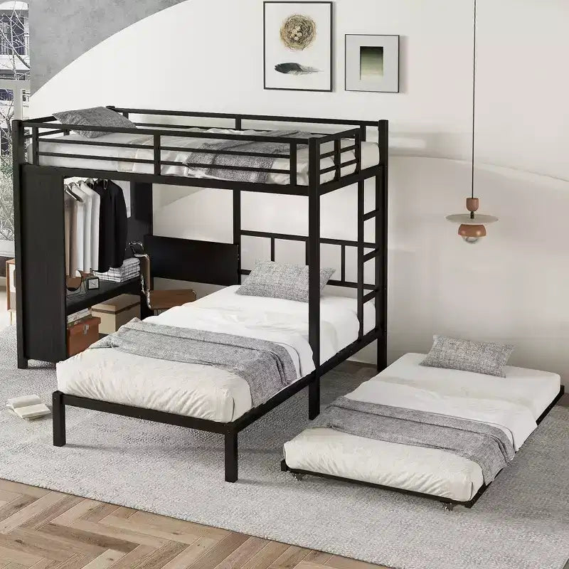 Full over Twin Bunk Bed with Built-in Wardrobe, Trundle, and Foldable Desk