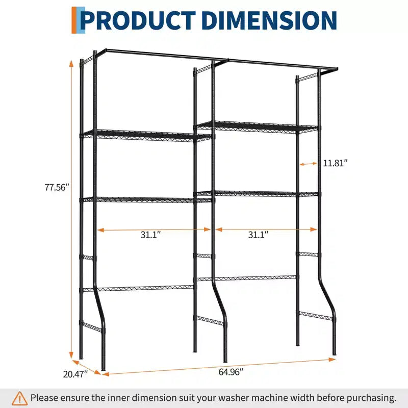 Laundry Shelf Over Washer Dryer, 6-Tier 57.8W x 22D x 77.4H Carbon Steel Storage Shelves with Hanging Rods