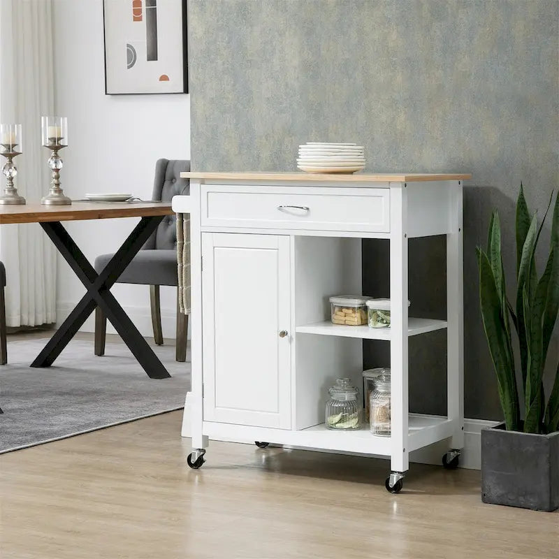 White Rolling Kitchen Island Cart with Solid Wood Top Drawer Cabinet and Open Shelves