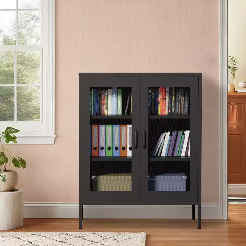 Metal Display Cabinet with 3 Shelves, Black / White