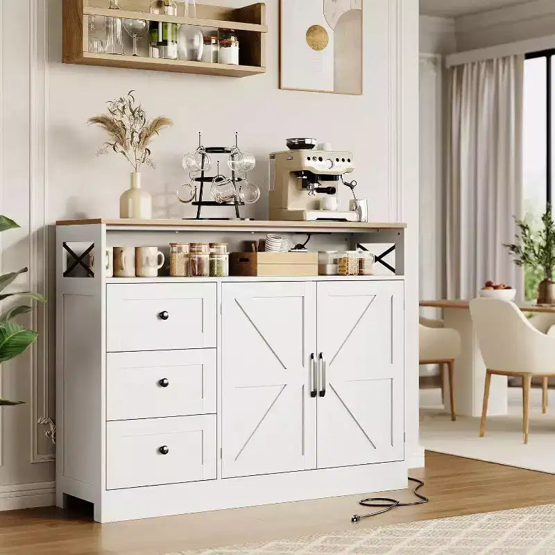 47 Farmhouse Sideboard Buffet Cabinet, Coffee Bar Kitchen Buffet Cabinet with 3 Drawers and Barn Doors, Adjustable Shelves for Home