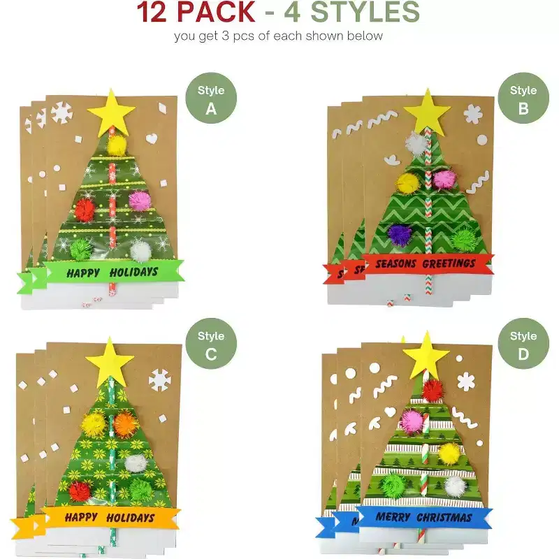 4Es Novelty 12-Pack DIY Christmas Card Craft Kit with Envelopes  Holiday Greeting Cards for Kids & Adults