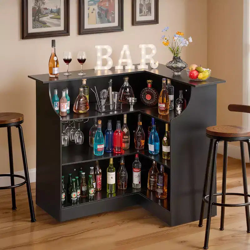VEVOR Home Bar Unit, L-Shaped Wine Bar Cabinet Table 4-Tier with Storage Shelves, Wine Glass Holder, 300lbs Max Capacity, Wood Liquor Cabinet,Black
