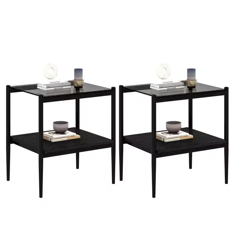 Set of 2 Rectangle End Table, Tempered Glass Tabletop with MDF layer, Modern Table for Living Room , Gray Glass