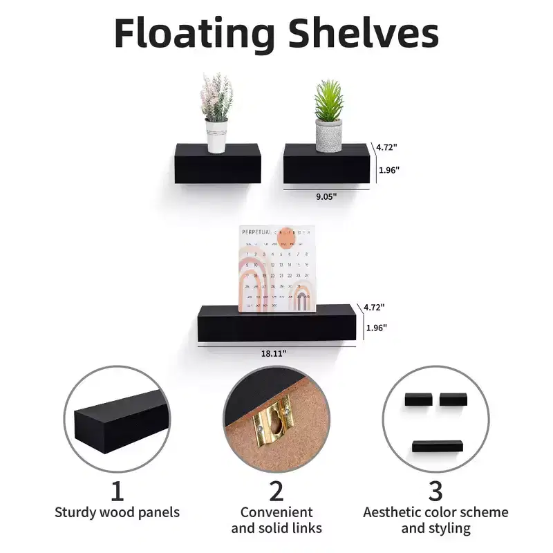 18.11 Black Floating Shelf C invisible-bracket wood wall mount, perfect bathroom/bedroom/kitchen dcor or book/plant display, easy install.