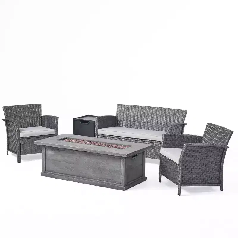 Christopher Knight Home Lucia Outdoor Wicker and Iron 4 Seater Chat Set with Fire Pit