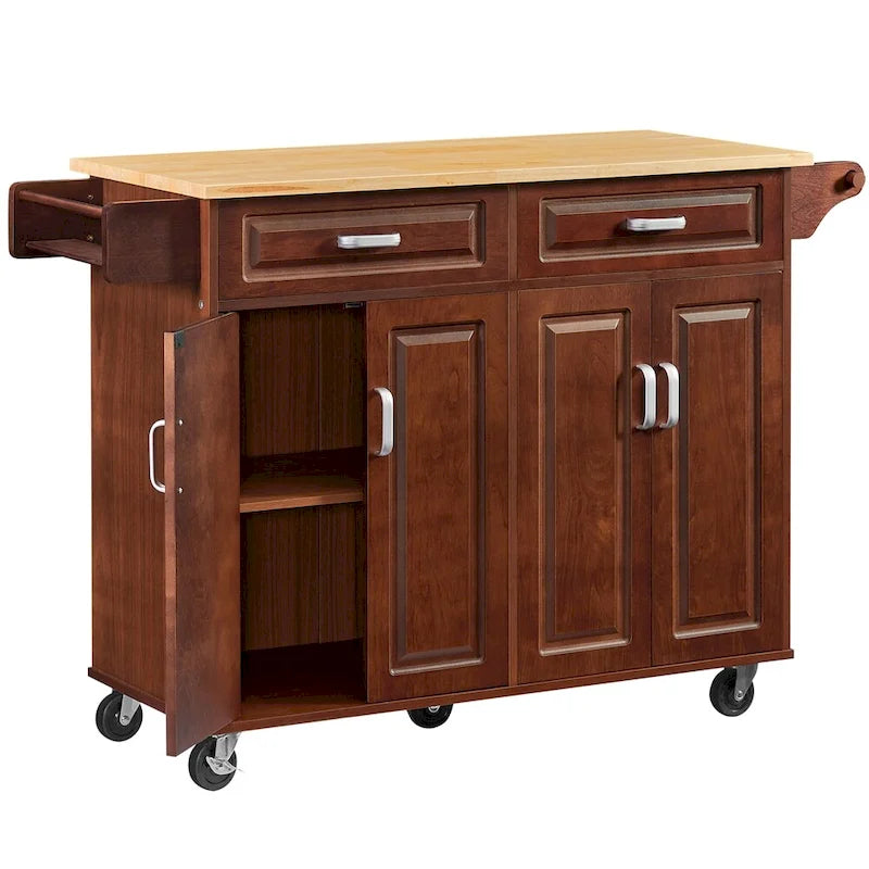 Brown Rolling Kitchen Island Cart with 2 Drawers Open Shelves and Casters