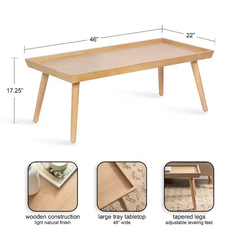 Mid-Century Rectangle Wood Coffee Table 鈥?46x22x17, Natural MDF with Wood Veneer Top