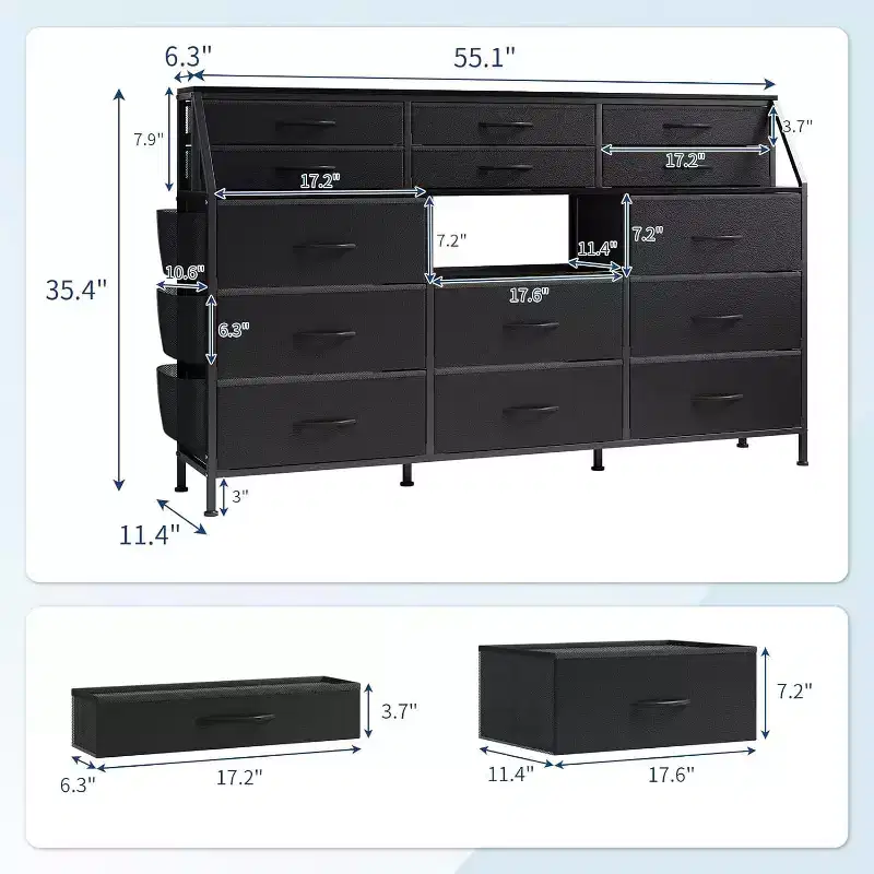 Dresser for Bedroom with 14 Drawers, 55 W Dresser with Side Pocket, Metal Frame and Wood Top Open Shelves, for Bedroom, Living Room, Closet