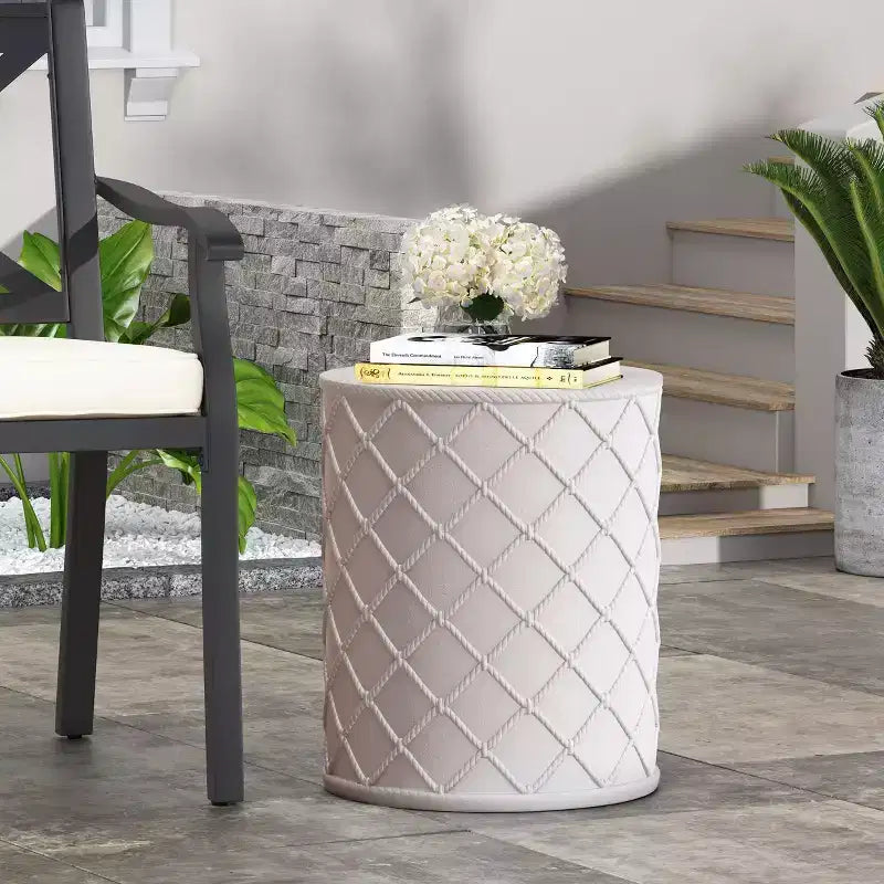 Okak Outdoor Side Table Iron End Table Cylindrical with Flower Cutouts Decorative Large Patio Tables for Porch Yard Balcony Deck Lawn Indoor