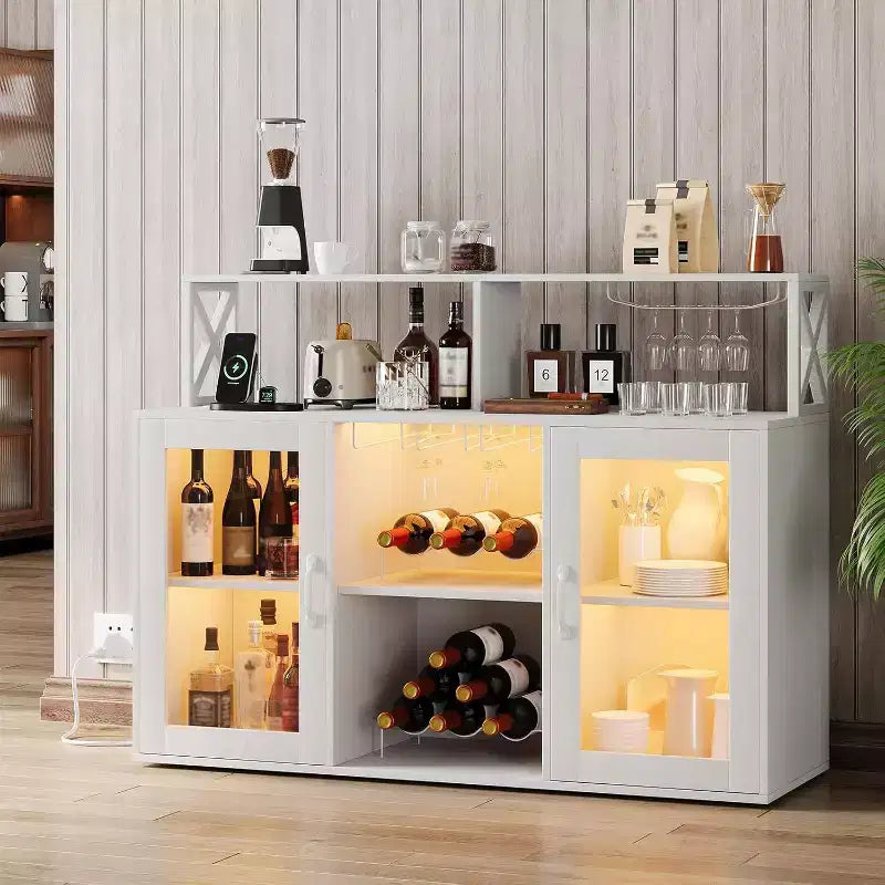 Wine Cabinet with LED light, Bar Cabinet with Wine Shelf, Glass Holder and Power Outlets, for Living Room, Dining Room