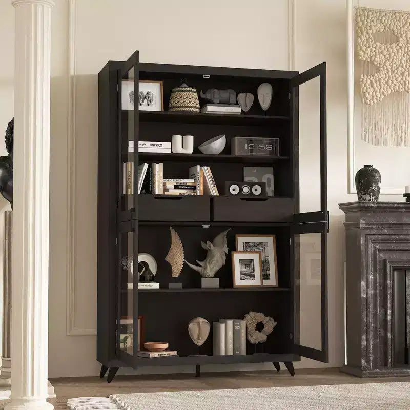 Famapy Black Modern - Style Bookcase with Magnetic - Suction Glass Doors and Internal Drawers