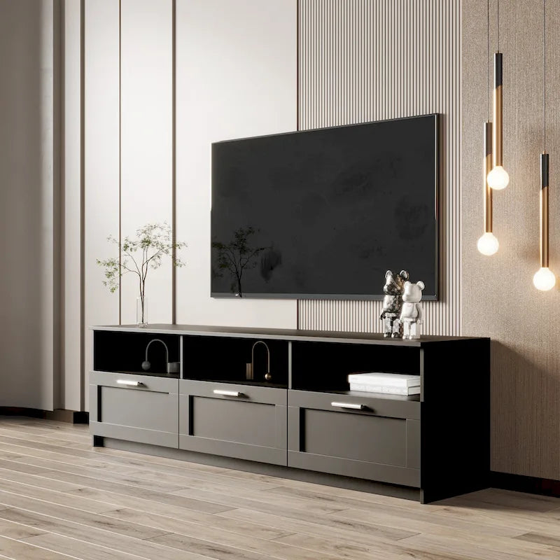 70.87 TV Stand | 3 Open Shelves & 3 Drawers | Black | High-Density Board | Fits 80 TV