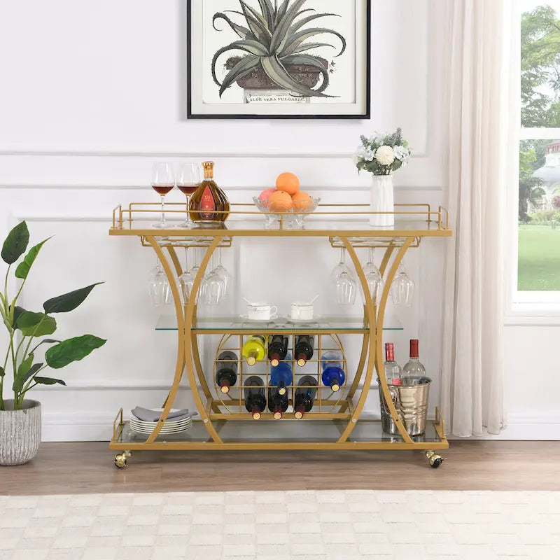 3-Tier Tempered Glass Rolling Bar Cart with Wine Rack and 16 Glass Holder