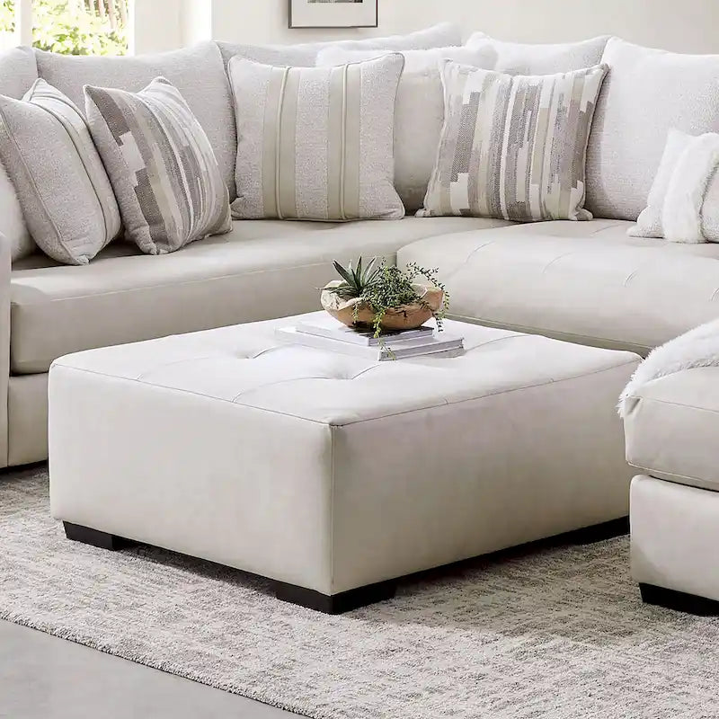 Transitional Ivory Faux Leather Button Tufted Ottoman