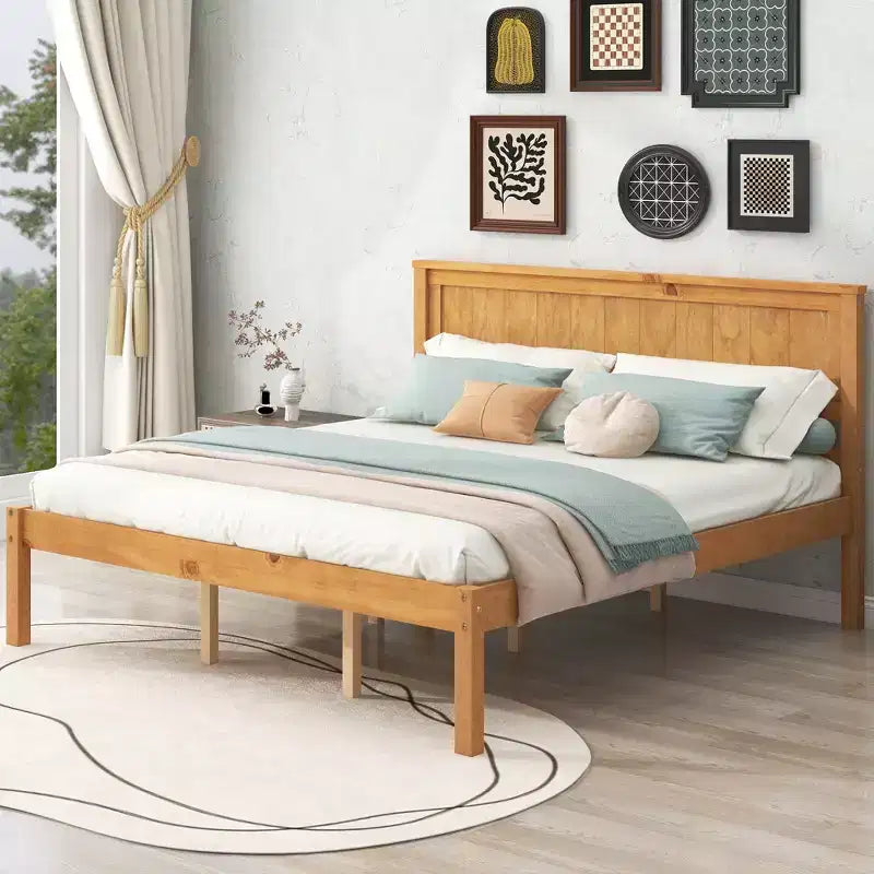 Queen Size Platform Bed with Headboard �C Oak, 400 lbs, No Box Spring