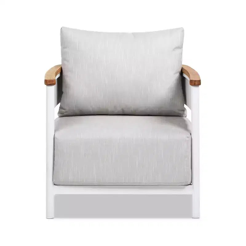 Jennifer Taylor Home Rhodes 29 Upholstered Teak & Aluminum Patio Arm Chair, Birch Gray Chenille