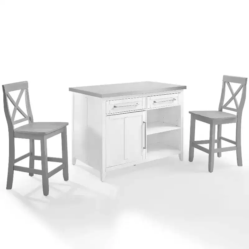 Silvia Stainless Steel Top Kitchen Island with X Back Stools White/Gray - Crosley