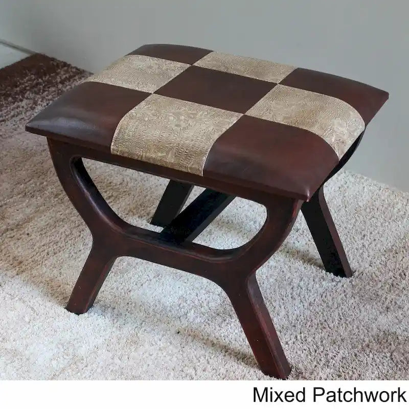 Rectangular Vanity Stool, Faux Leather Upholstery, Dark Brown Finish, 4-Leg Frame