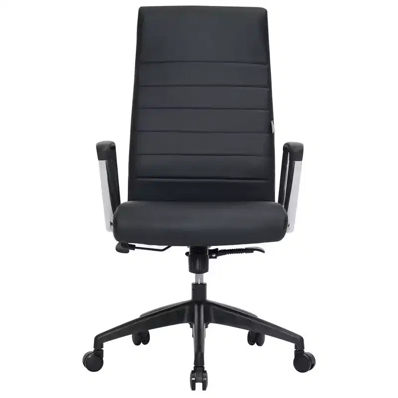 LeisureMod Hilton High-Back Ribbed Leather Office Chair - Heavy-Duty Steel Frame Swivel & Tilt - Modern Executive Desk Chair