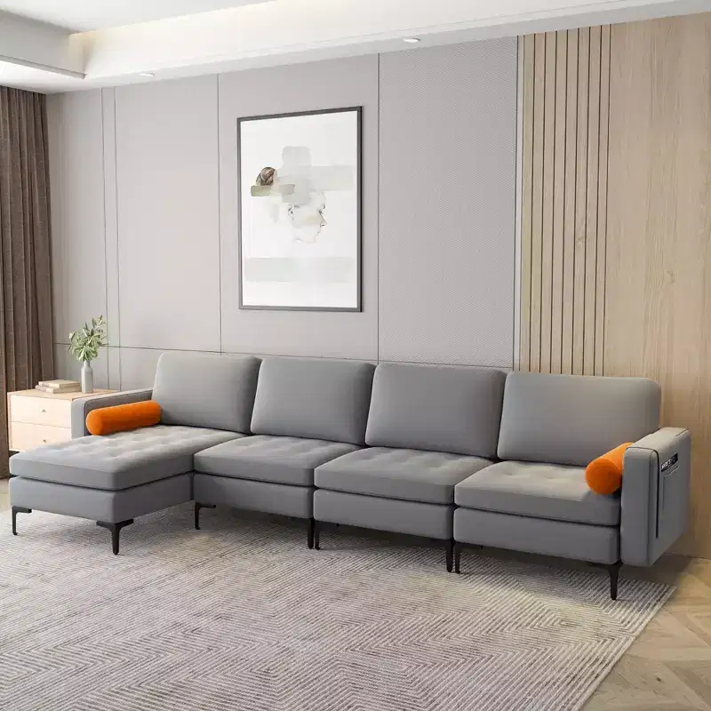 Costway Modular L-shaped Sectional Sofa with Reversible Chaise & 4 USB Ports Ash Grey